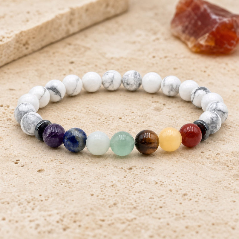 Bracelet 7 Chakras Howlite Blanche 8 mm – Douceur de l’Ensemble