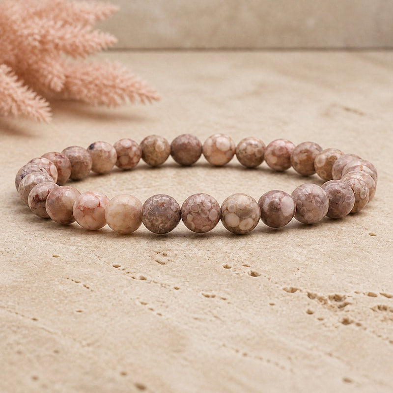 Bracelet Agate Fossile 6 mm – Mémoire Profonde