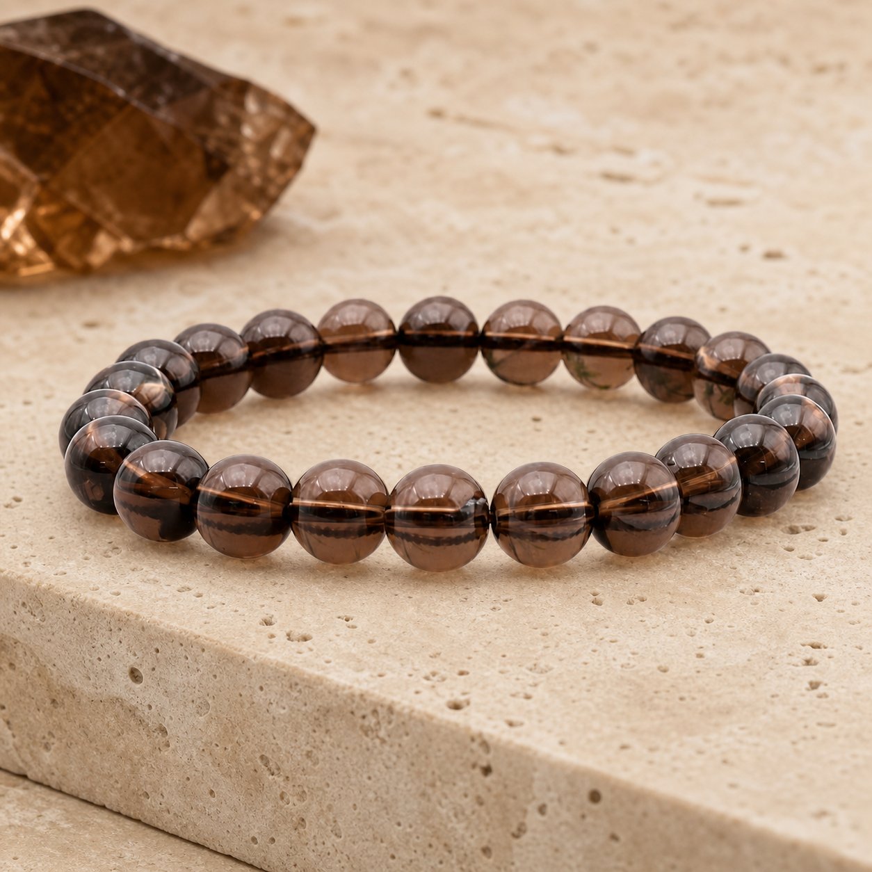 Bracelet Cristal de Roche Fumé 8 mm – Calme de la Retenue
