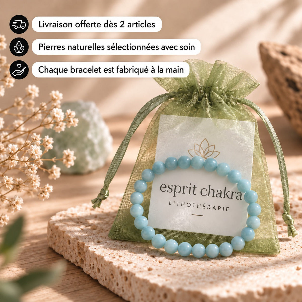 Esprit Chakra — livraison offerte dès 2 articles, pierres naturelles sélectionnées, bracelet fabriqué à la main